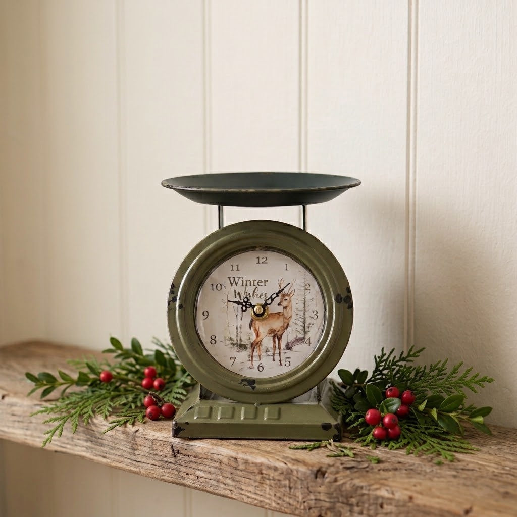 Distressed Vintage Style Green Winter Wishes Deer Metal Scale 7" Tabletop Clock