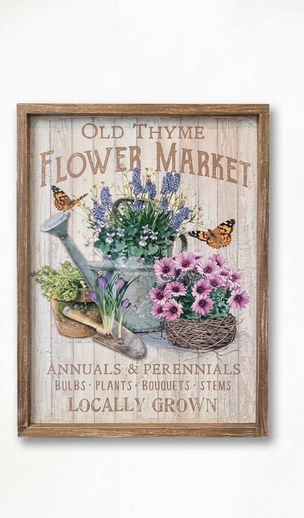 Vintage Farmhouse Wood Framed "Old Thyme Flower Market" Wall Art - 16.5" x 12.5"