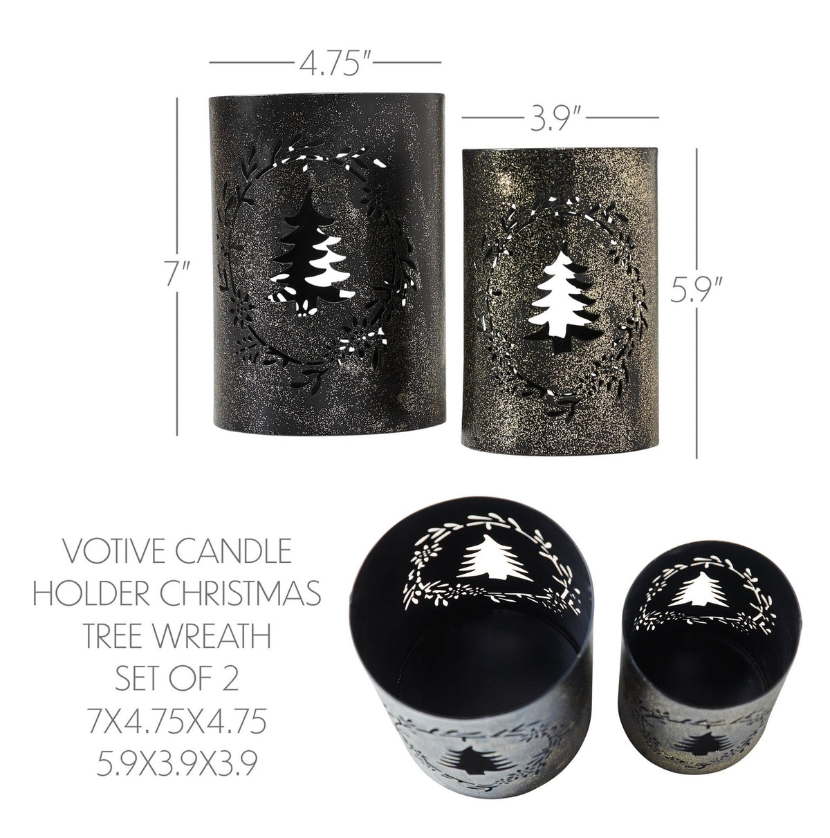 Shimmering Black Metal Christmas Tree Lanterns Woodland Wreath Candle Holder Set