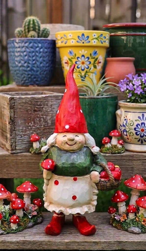 Granny Garden Gnome With Toadstool Basket, Small Statuette Garden Decor