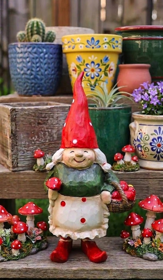 Granny Garden Gnome With Toadstool Basket, Small Statuette Garden Decor