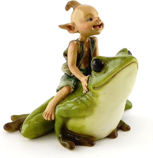 Woodland Pixie Elf Riding Green Frog, Miniature 3" Fairy Garden Figurine – detail view