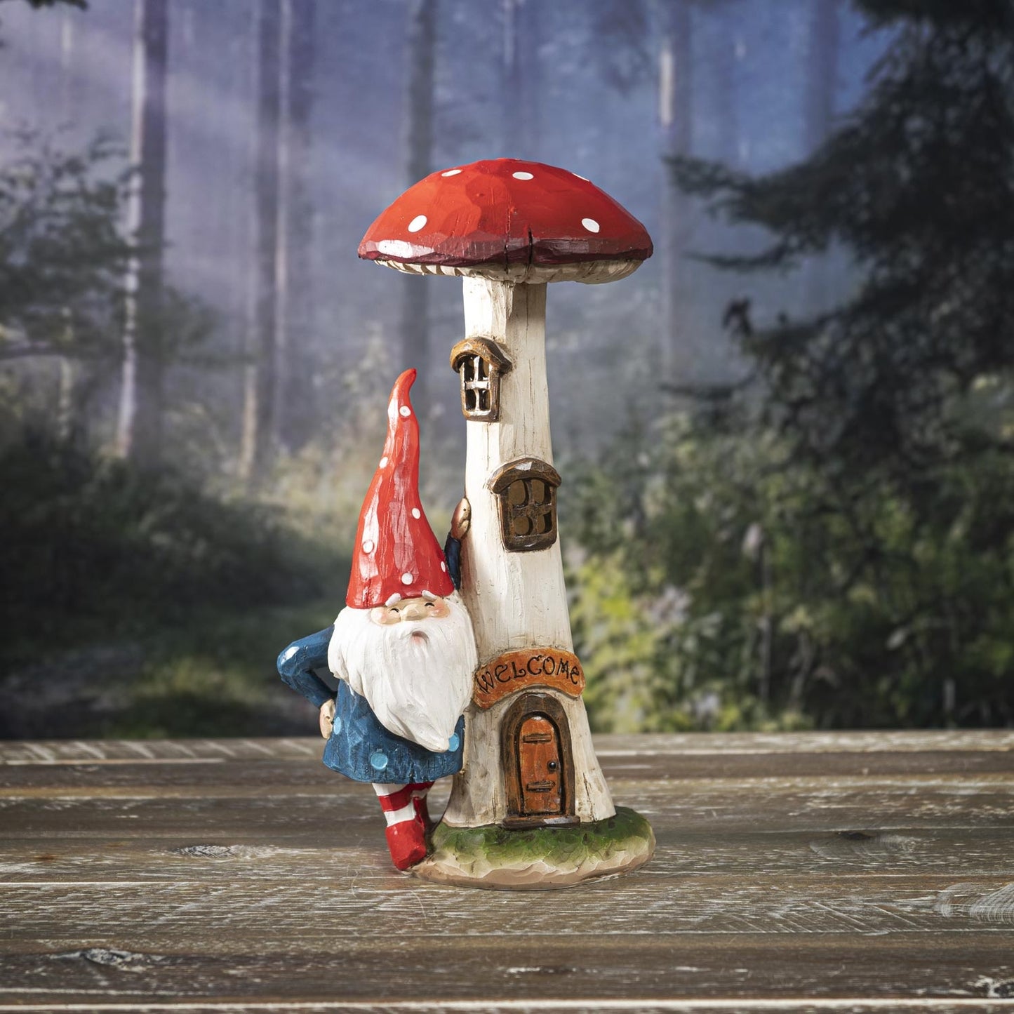 Fairy Garden Gnome with Tall Welcome Mushroom LED Toadstool House