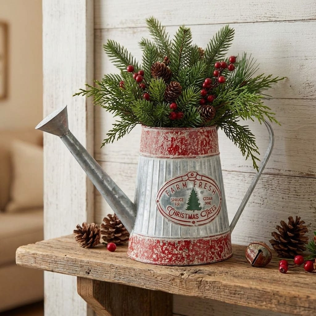 Farm Fresh Spruce Fir, Cedar Pine Christmas Trees Metal Decorative Watering Can