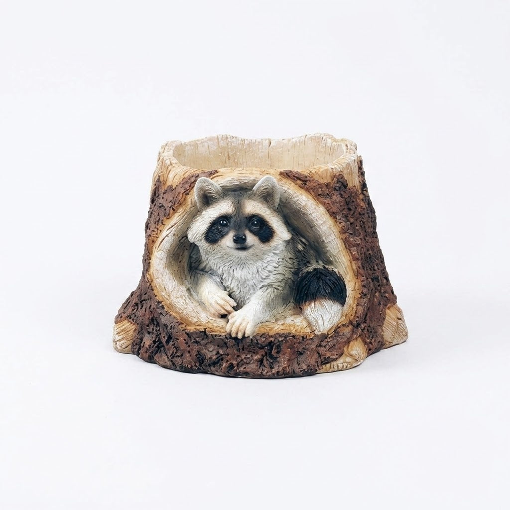 Woodland Raccoon in Tree Stump Planter, Small Rustic Faux Wood Resin Garden Pot