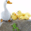 Miniature Duck Family on Rock with Frog, 2.5" Fairy Garden Pond Figurine