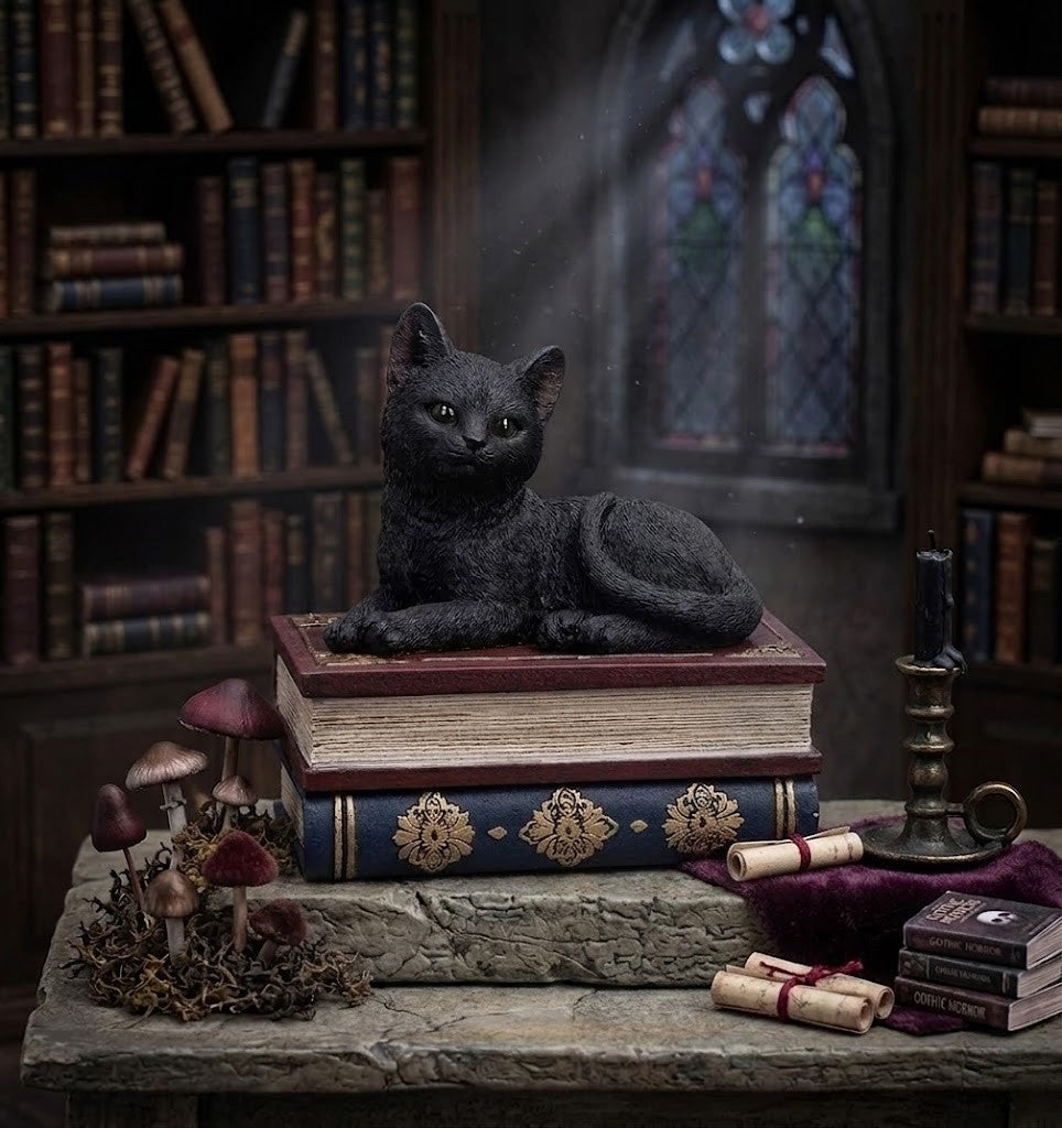 Black Cat Miniature Statuette Perched on a Faux-Antique Book Keepsake Box