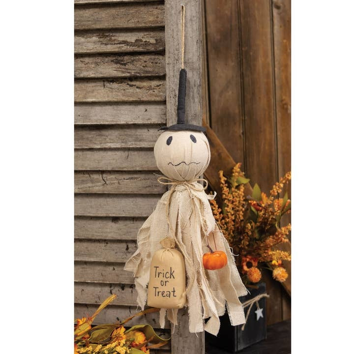 Primitive Halloween Hanging Ghost with "Trick or Treat" Bag and Pumpkin