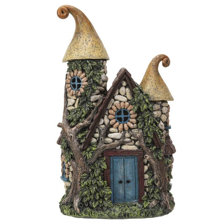 Miniature Stone Fairy House Statue - 10" Enchanted Gnome Cottage with LED Light