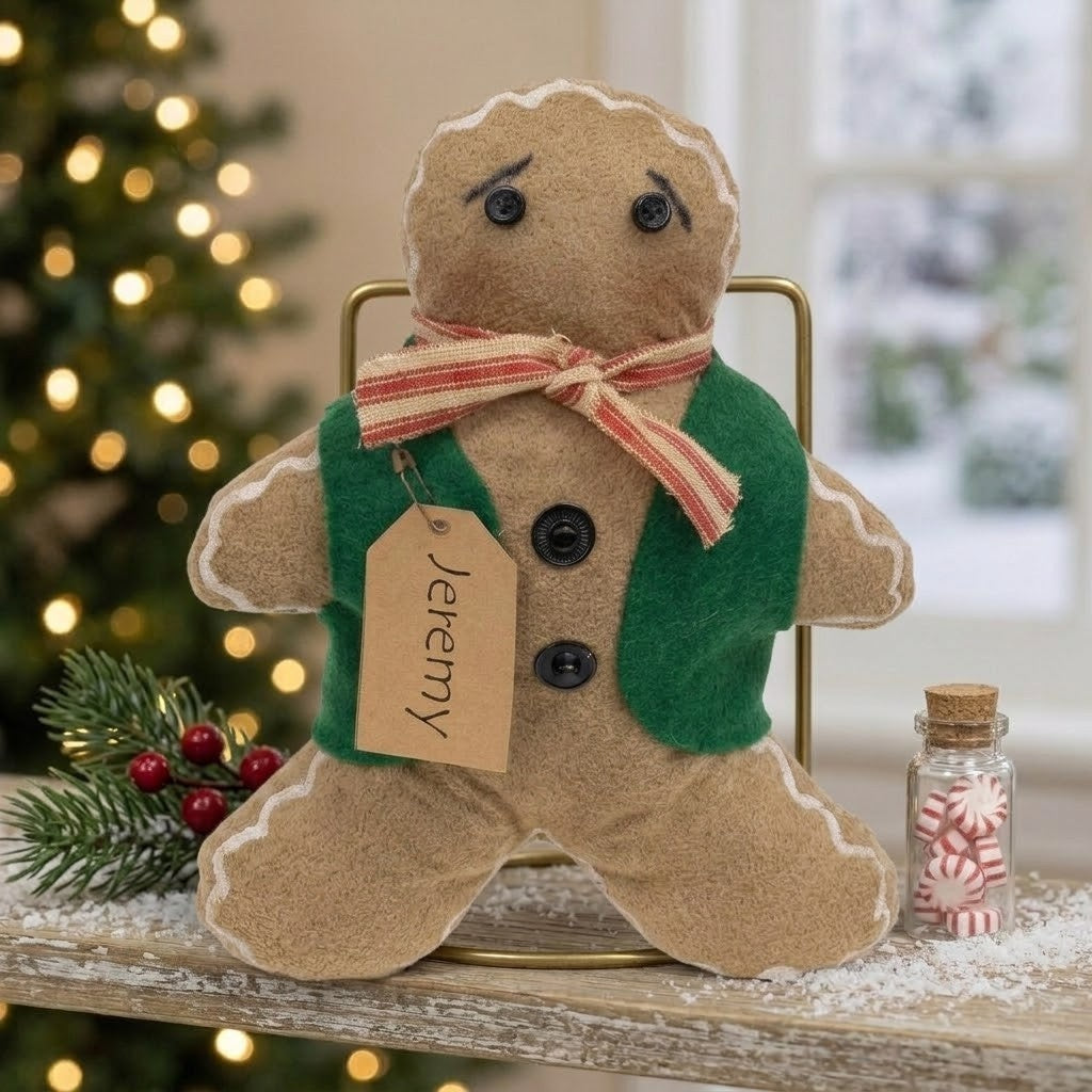 Gingerbread Man 'Jeremy' Holiday Doll – Primitive Christmas 8" Shelf Sitter