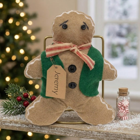 Gingerbread Man 'Jeremy' Holiday Doll – Primitive Christmas 8" Shelf Sitter