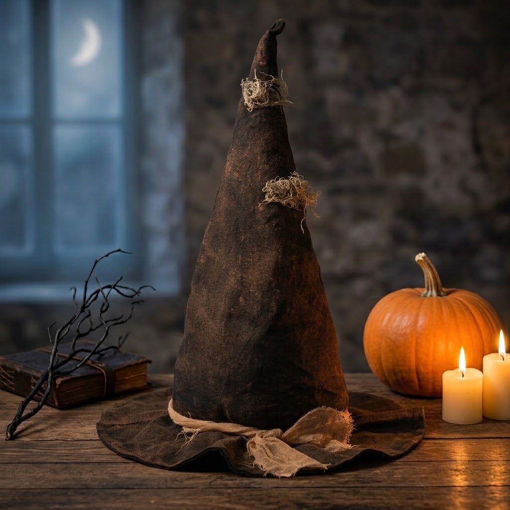 Primitive Grungy Halloween Stuffed Witch 15" Hat Shelf Sitter
