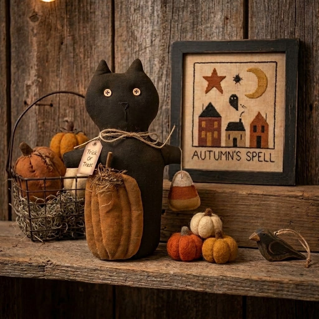 Trick or Treat Primitive Fabric and Plush Halloween Black Cat Prim Doll