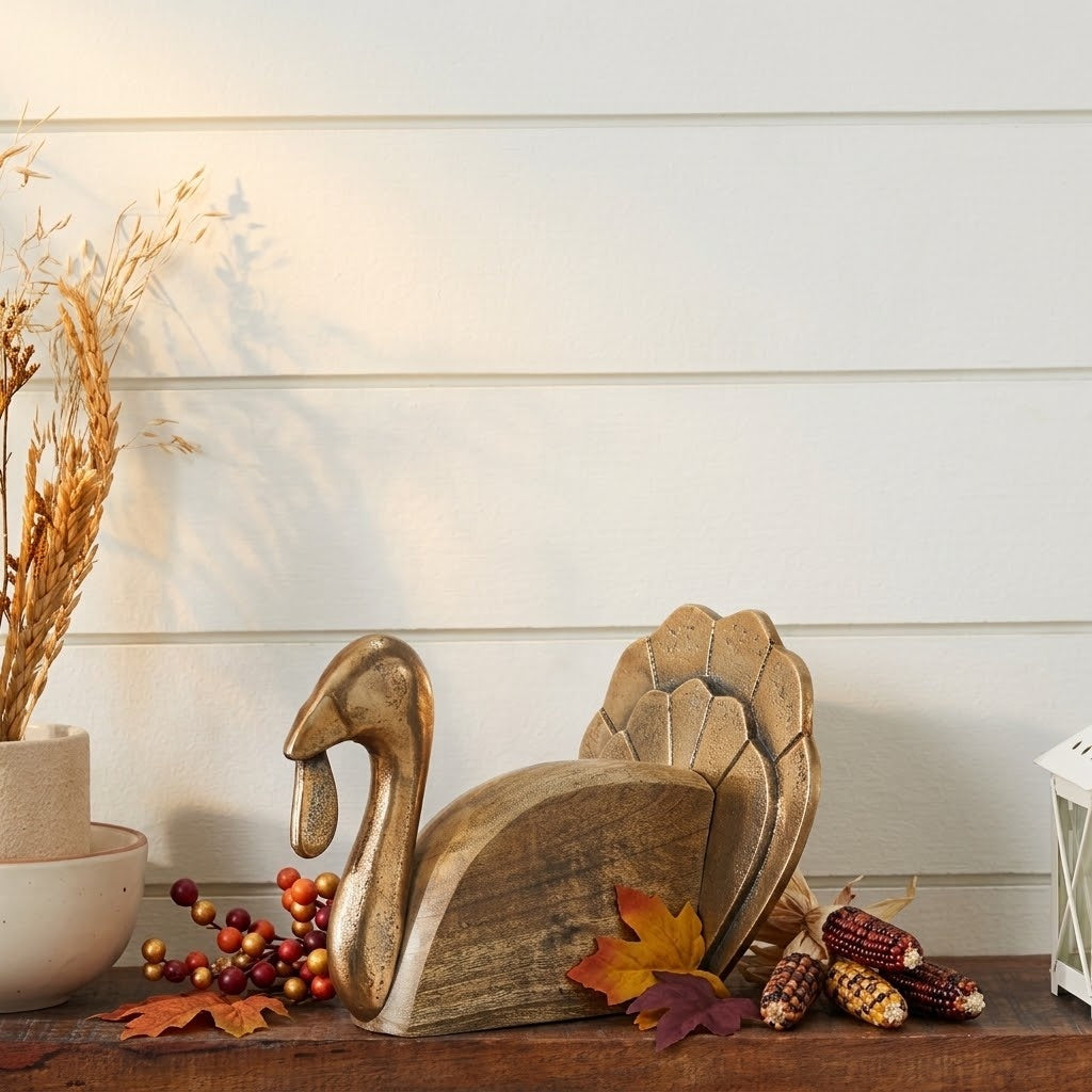 Holiday Turkey with Mango Wood and Burnished Gold, Rustic Fall Decor 6"