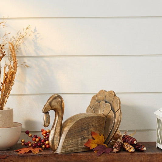 Holiday Turkey with Mango Wood and Burnished Gold, Rustic Fall Decor 6"