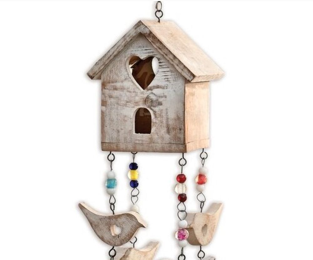 Distressed, Rustic Wood, Metal and Beads Birdhouse Chime, 21" Farmhouse Decor