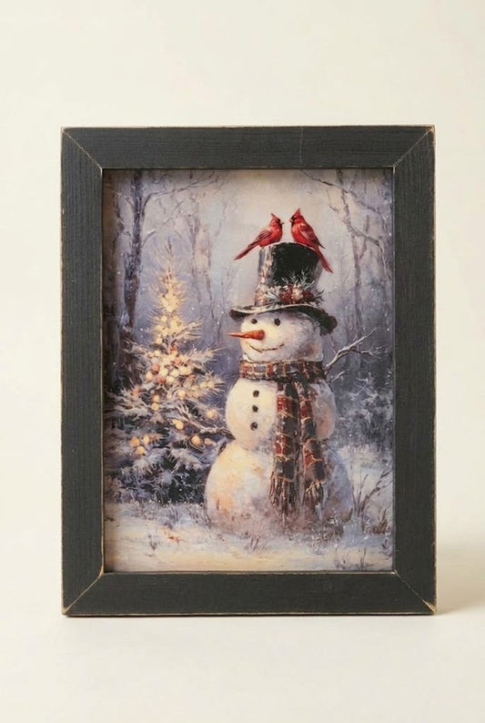 Winter Snowman, Cardinals Framed Wall Art 17.5" x 13.5" Distressed Holiday Decor