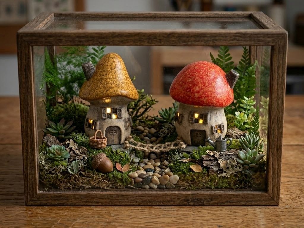 Toadstool Whimsical Light-Up Ceramic Mushrooms Small 5.83" Houses, Set of 2