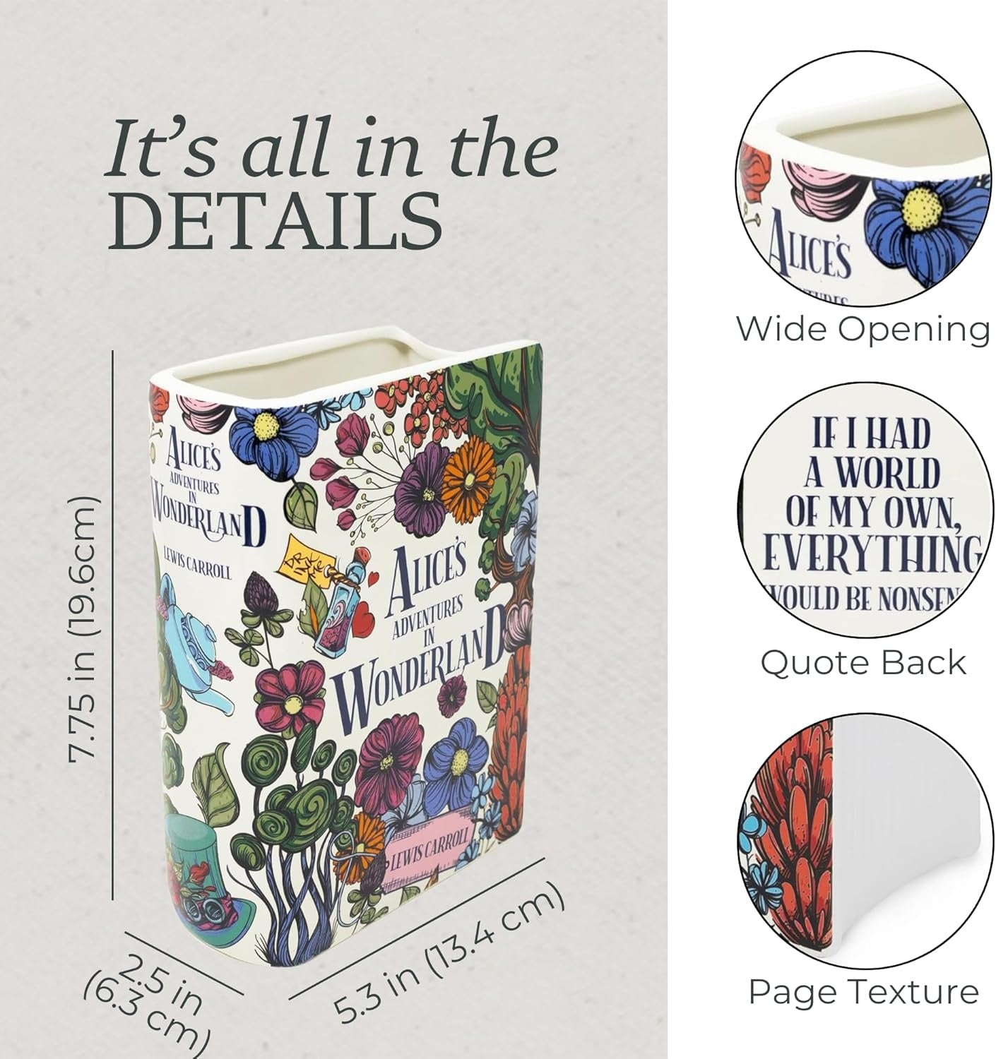 Alice in Wonderland Floral Nonsense Decorative Ceramic Book Themed Flower Vase