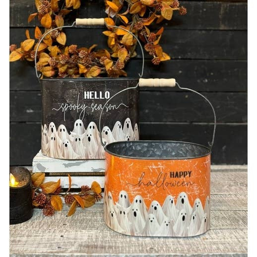 Halloween Ghost Metal Tins "Hello Spooky Season" & "Happy Halloween" Bucket Set
