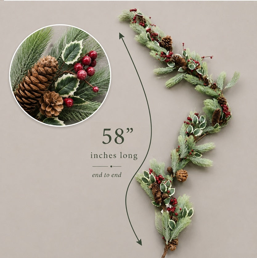 Christmas Artificial Variegated Holly, Fir, Pinecones and Berries Garland, 58"