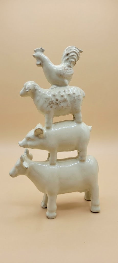 Stacked Farm Animals Ceramic Figurine Country Rustic Rooster Sheep Pig Cow 7"
