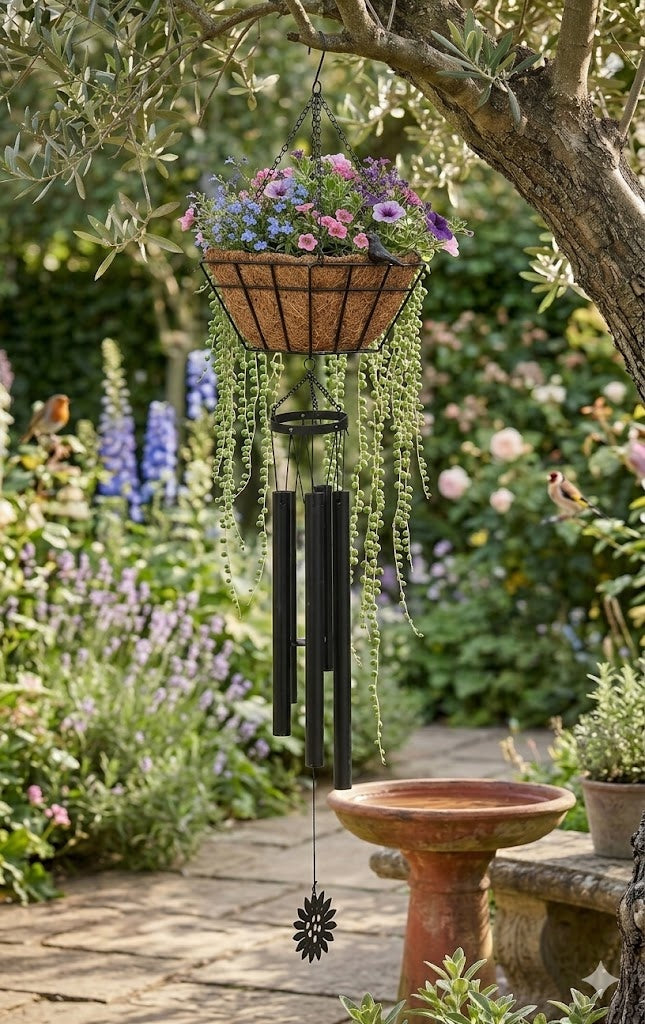 Flower Motif Metal Wind Chime with 6" Coco Mat Square Planter, 35.8"