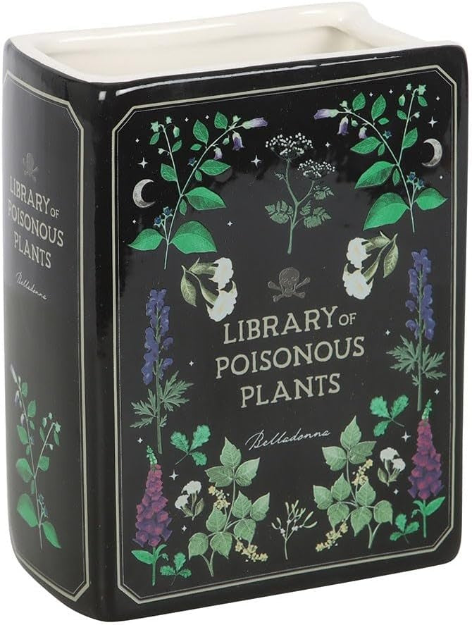 "Library of Poisonous Plants" Book-Shaped Ceramic Vase Gothic Botanical Decor – detail view