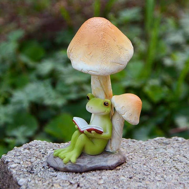 Miniature Resin Green Frog Reading on Rock with Toadstool Mushrooms Figurine