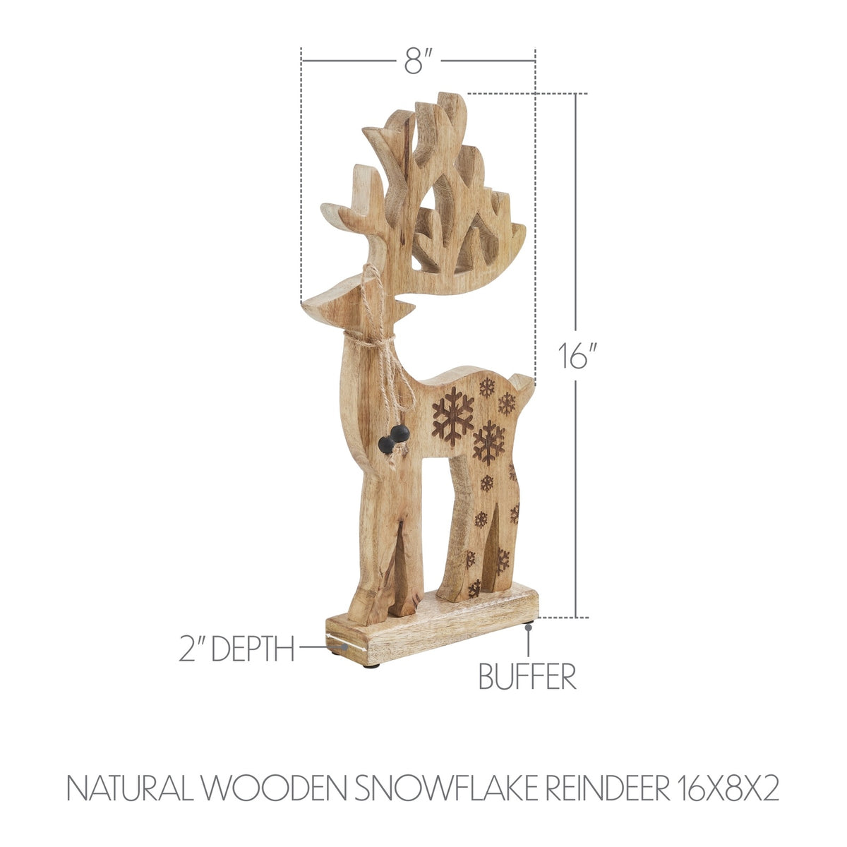 Carved Natural Mango Wood 16" Reindeer Figurine, Rustic Snowflake Christmas Decor