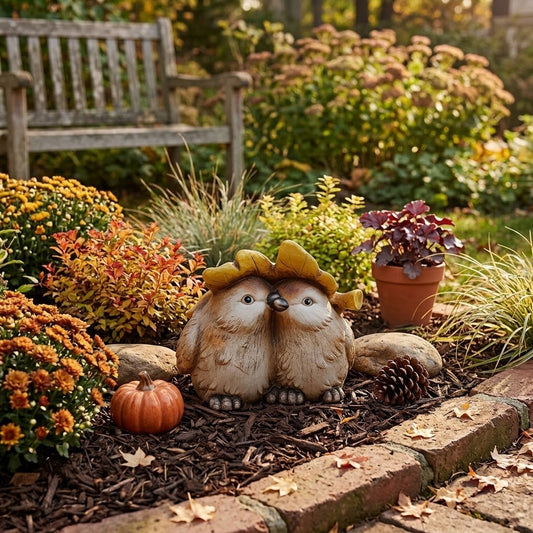 Autumn Lovebirds Ceramic Figurine – 6" Earthenware Songbirds Under an Oak Leaf