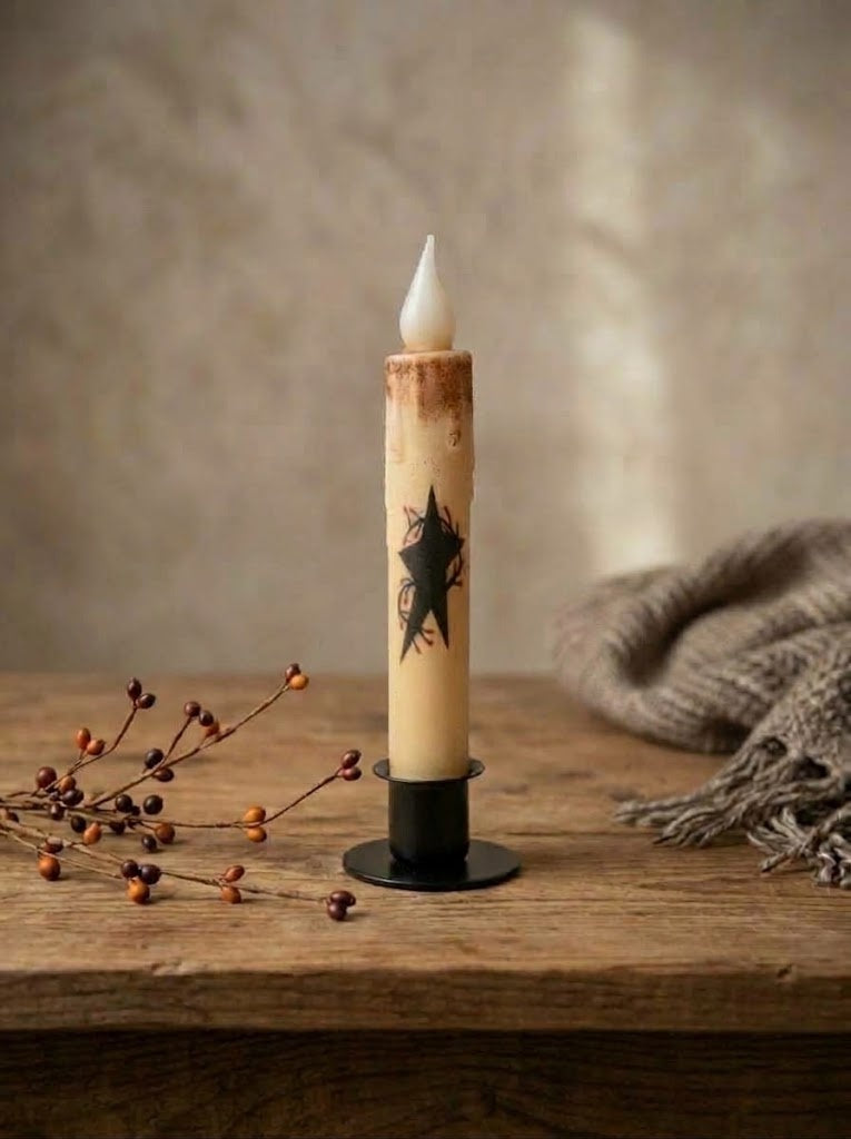 Primitive Star and Pip Berries 7" Led Timer Taper Candle and Black Holder Set
