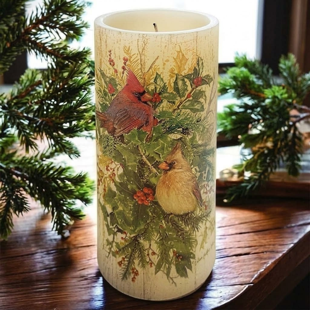 Antique White Winter Cardinals & Holly 6" Battery-Operated LED Candle