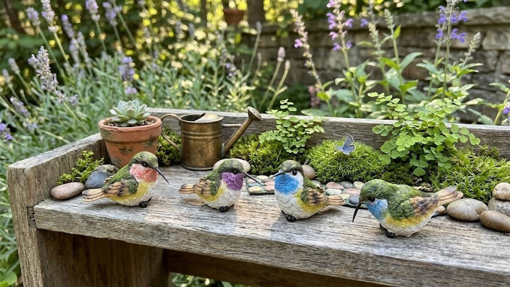 Perched Sitting Hummingbird Miniature Resin Colorful Figurines, Set of 4