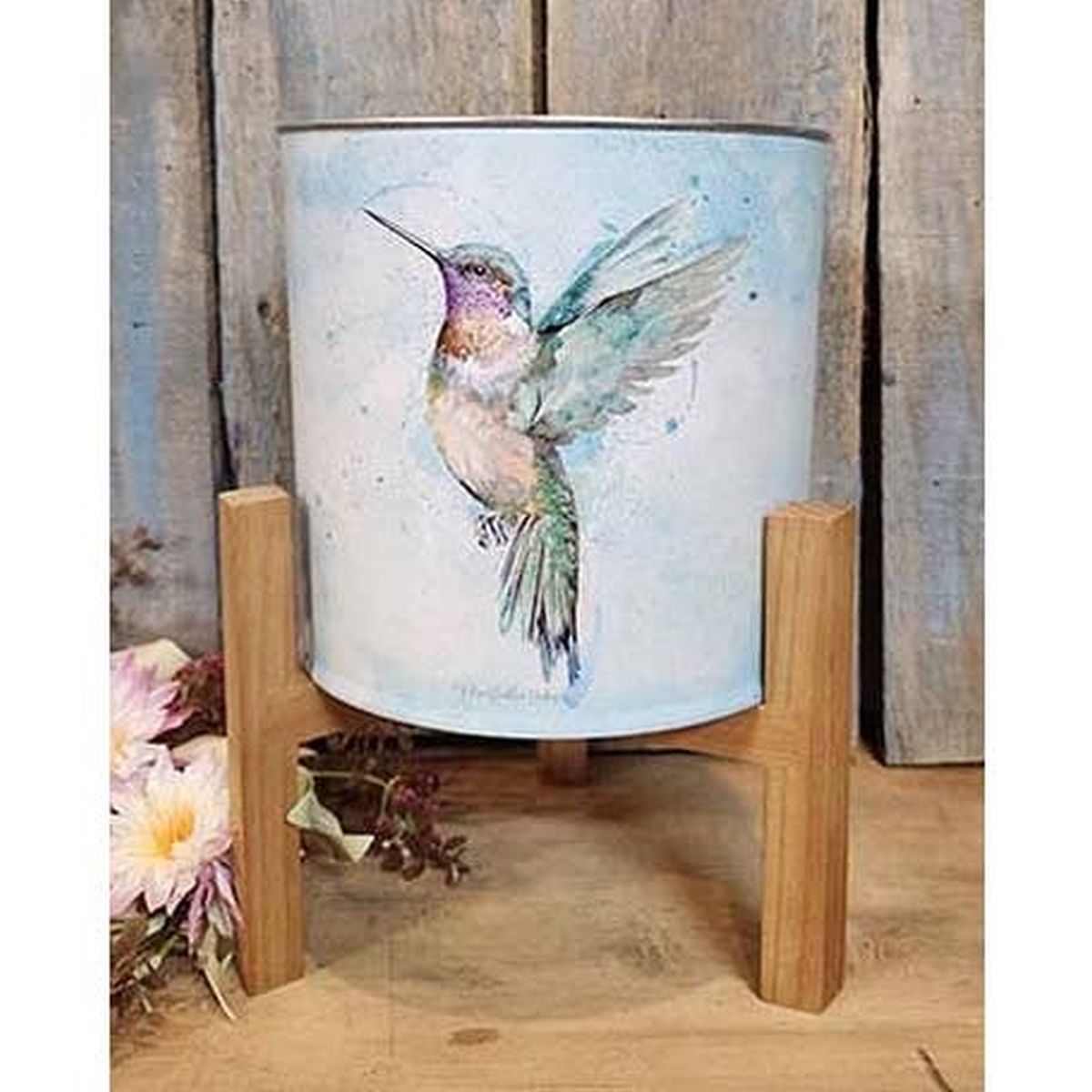 Watercolor Hummingbird Metal Planter on Elevated Wooden Plant Stand