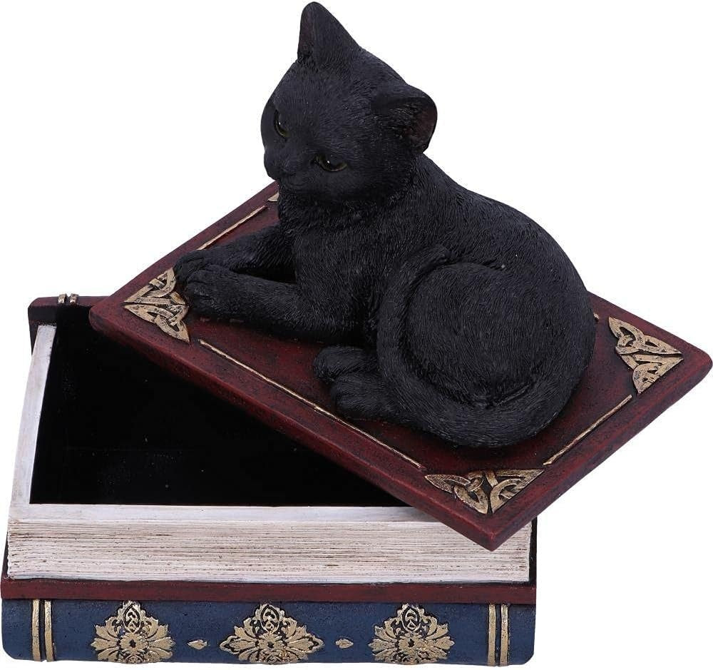 Black Cat Miniature Statuette Perched on a Faux-Antique Book Keepsake Box