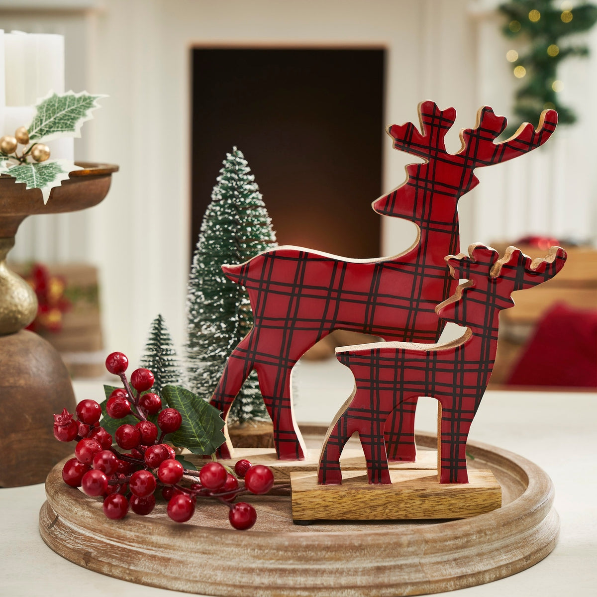 Rustic Christmas Deer Figurines Set, Mango Wood Holiday Tabletop, Mantel Decor