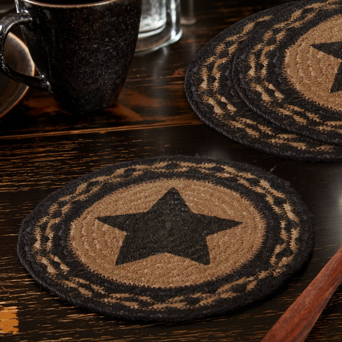 Black Star Braided Jute Trivet Set of 3, 8-Inch Primitive Table Accents