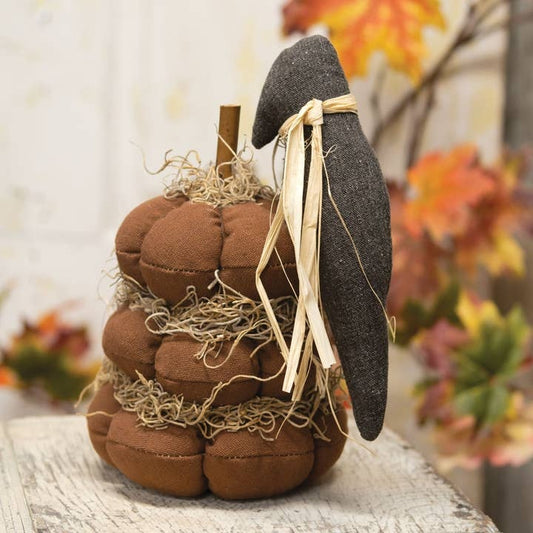 Stuffed Pumpkin Stack W/Primitive Crow Fall Country Plush Decor