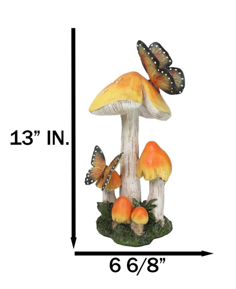 Whimsical 13-Inch Golden Mushroom Garden Figurine with Monarch Butterflies