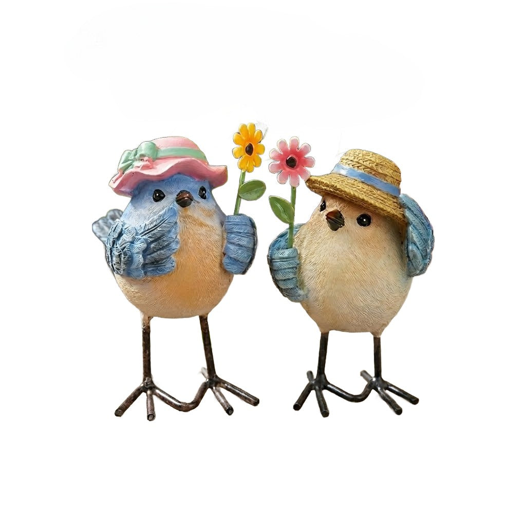 Miniature Colorful Spring 3" Resin and Metal Birds, Set of 2