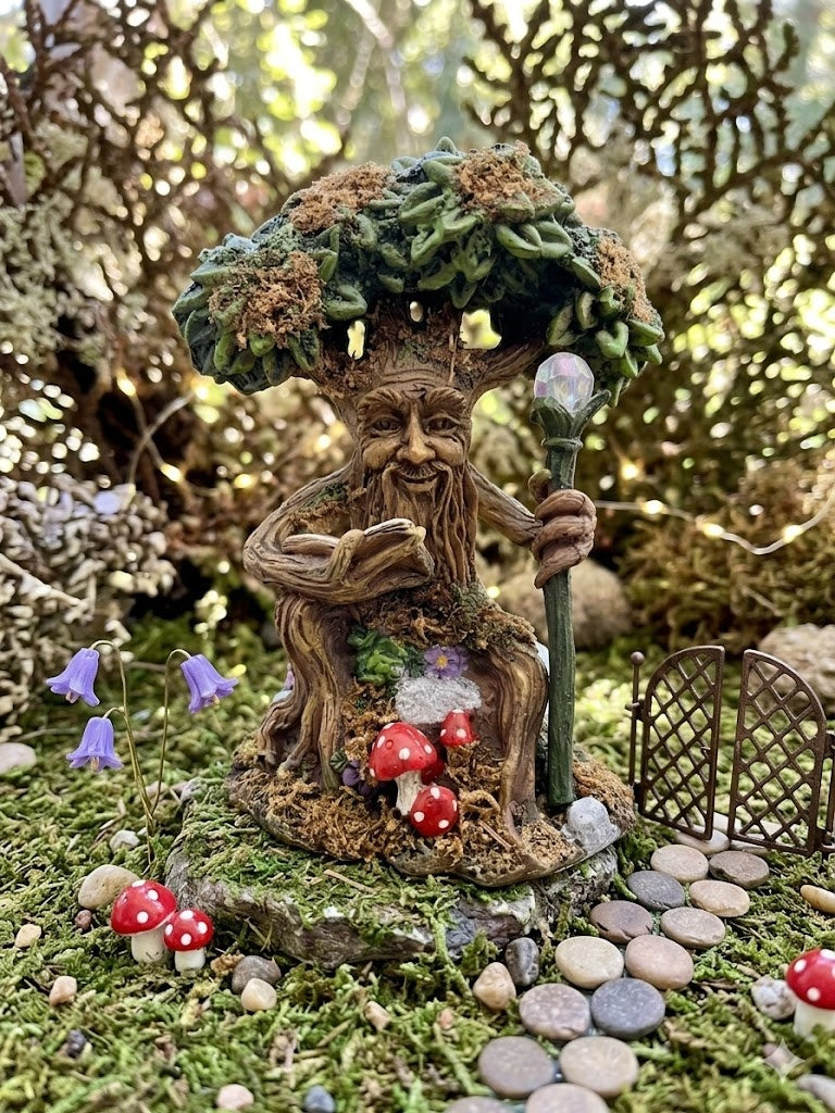 Miniature Reading Grandfather Tree Forest Wizard, Tree-Ent Fairy Garden Figurine