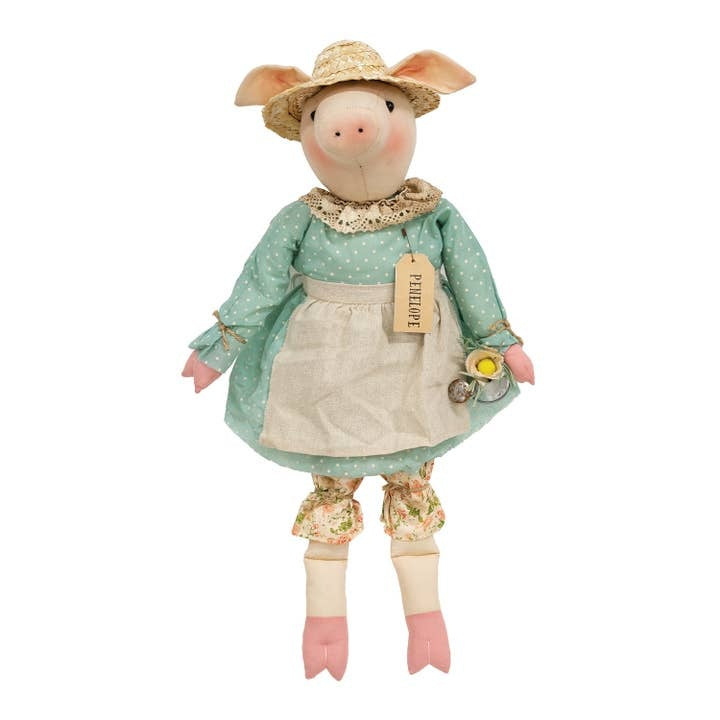 Penelope Pig with Straw Hat and Watering Can Plush Doll Country Prim Decor