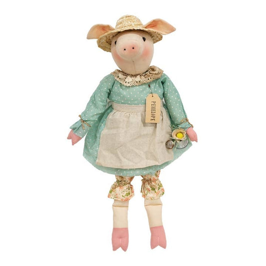 Penelope Pig with Straw Hat and Watering Can Plush Doll Country Prim Decor