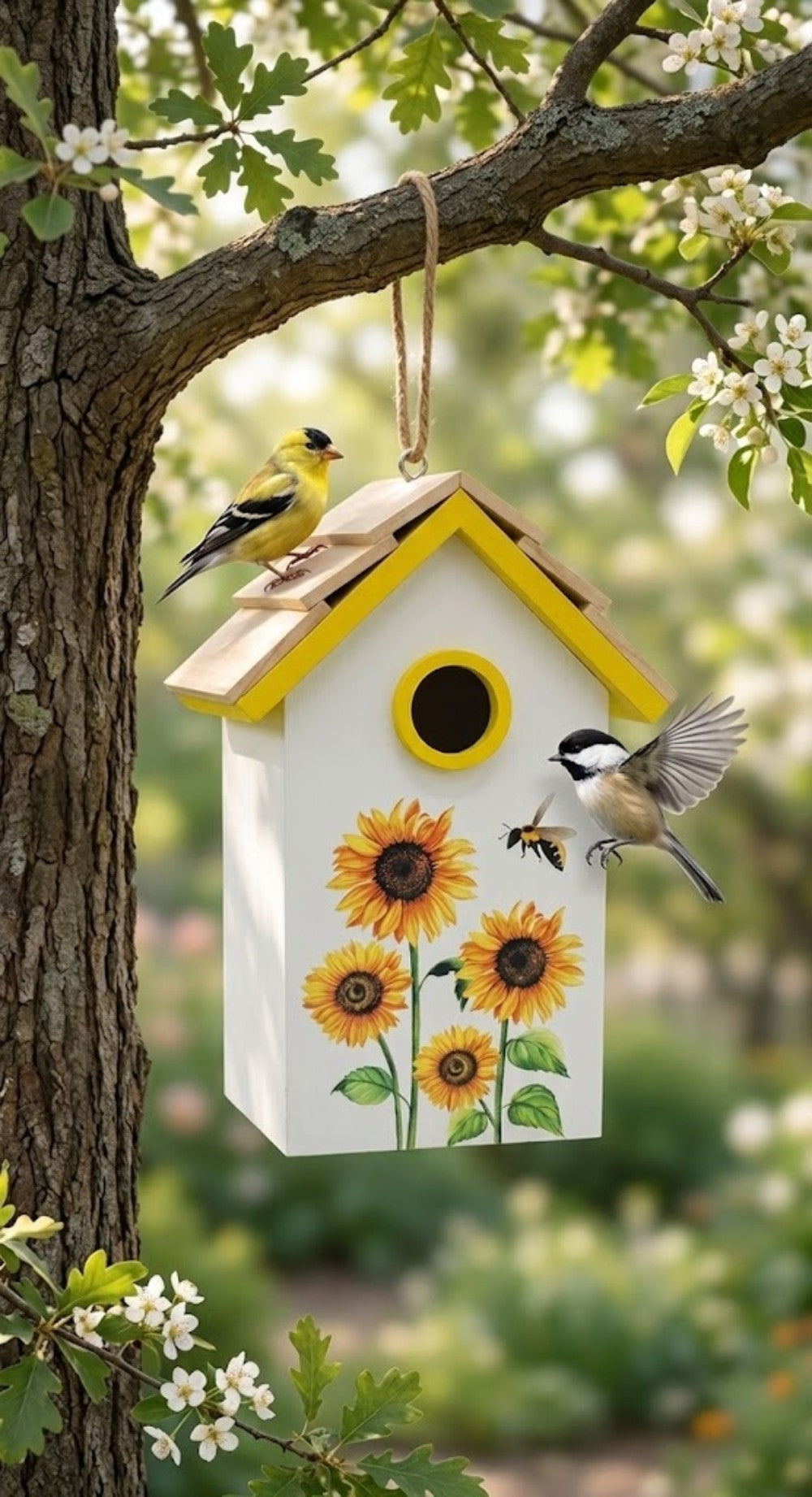 Sunflower and Bees Painted Wooden Birdhouse Decorative Hanging Garden Decor