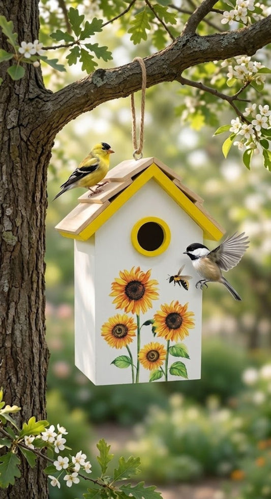 Sunflower and Bees Painted Wooden Birdhouse Decorative Hanging Garden Decor