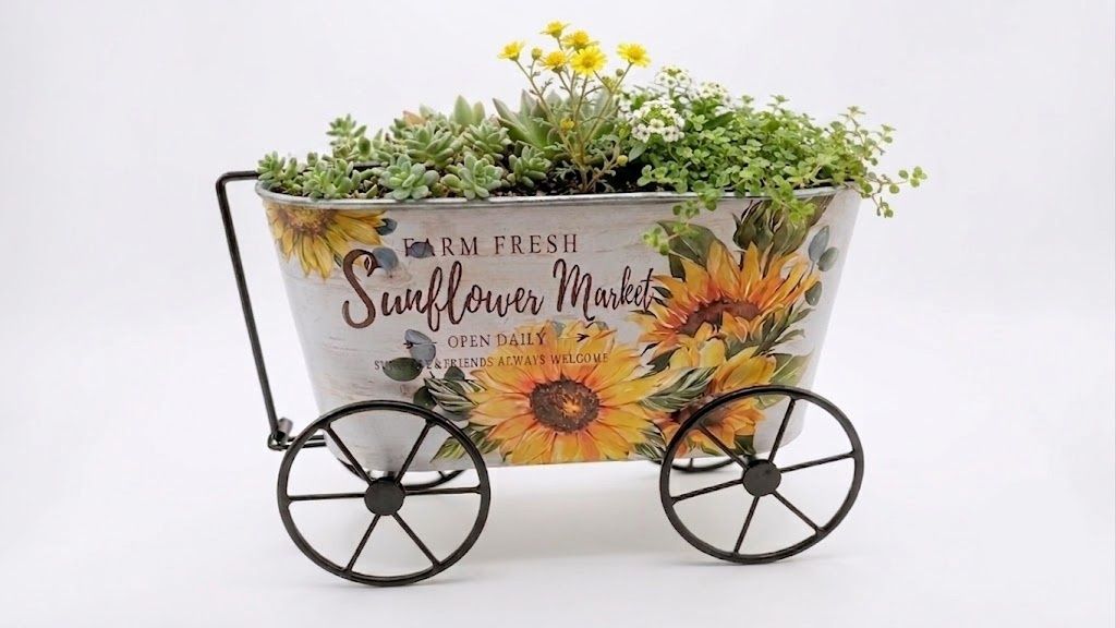 Farmhouse Sunflower Market Metal Wagon Planter, Rustic Galvanized Tin Flower Pot