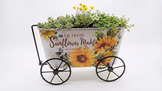 Farmhouse Sunflower Market Metal Wagon Planter, Rustic Galvanized Tin Flower Pot