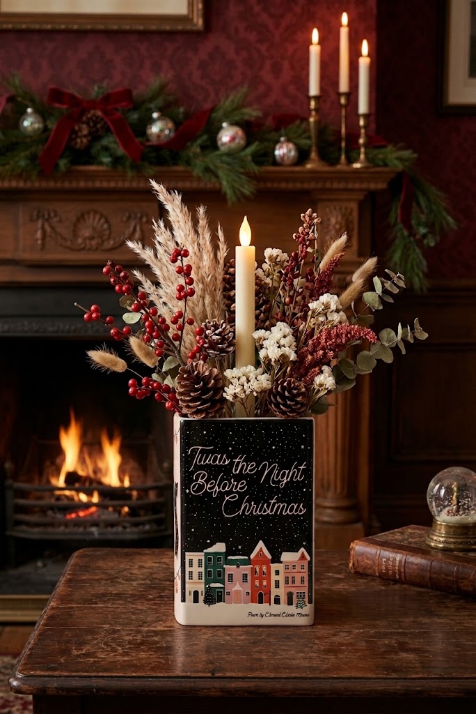 Twas the Night Before Christmas, C. Moore Holiday Themed 8" Ceramic Book Vase