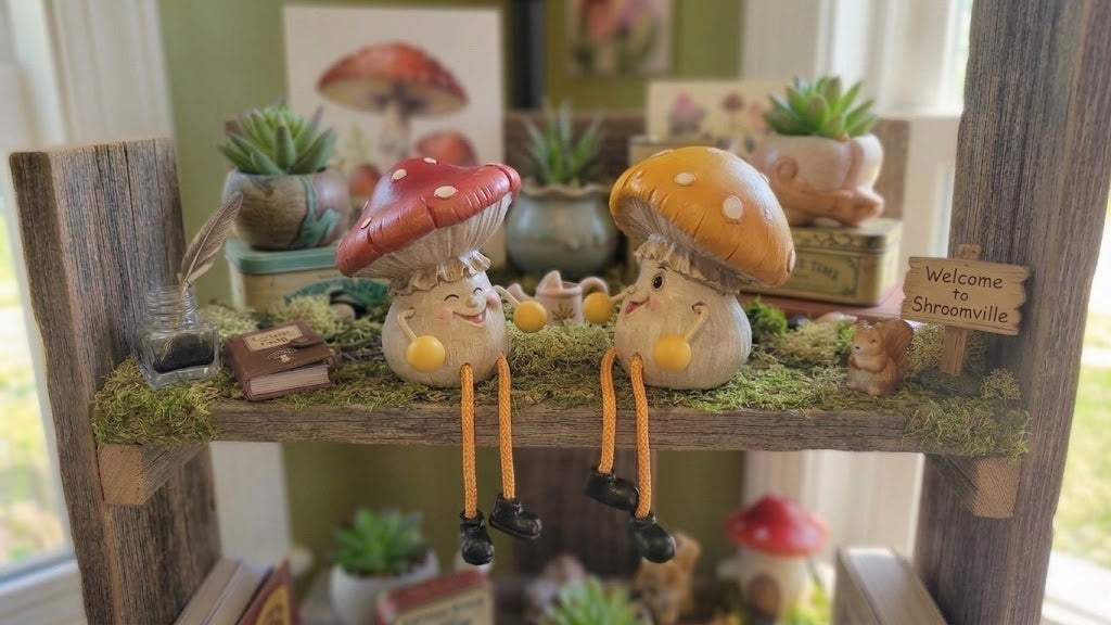 Fairy Garden Mushroom Shelf Sitter Set 2pc Whimsical Dangling Leg Figurines